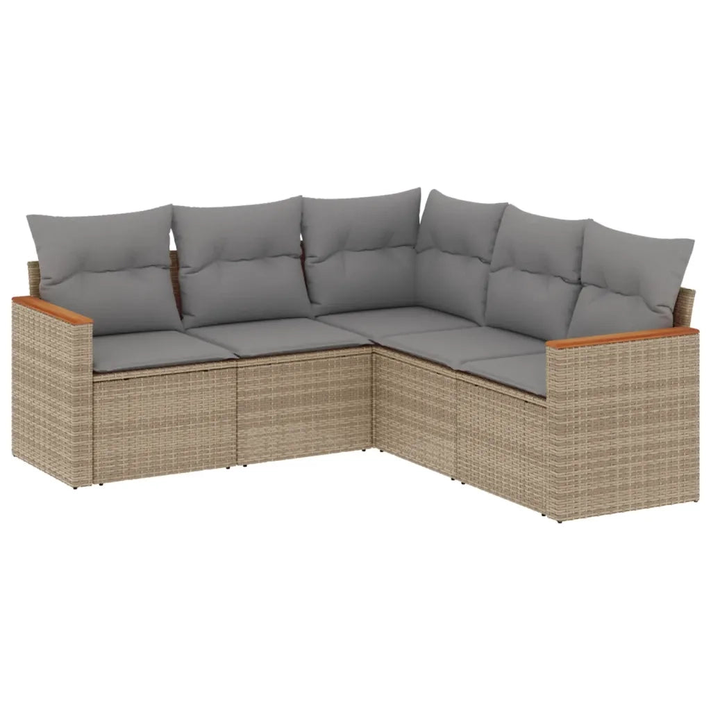 Set Divano da Giardino 5 pz con Cuscini Beige in Polyrattan