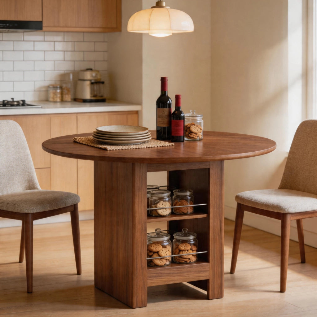 Tavolo da pranzo rotondo ULEVR ?100 cm con vani aperti, MDF effetto noce, per 4-6 persone