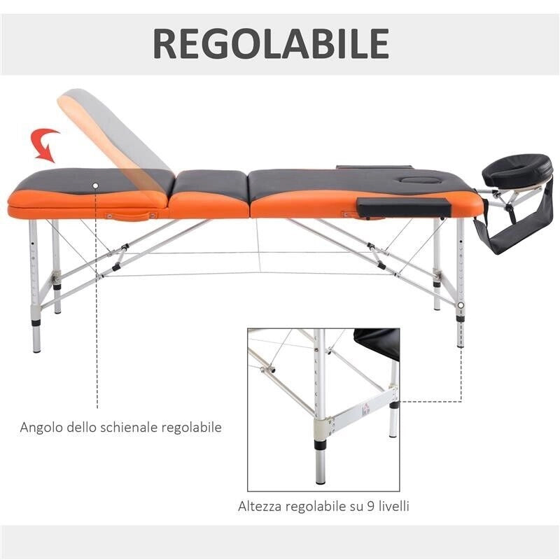 LETTINO PER MASSAGGI PROFESSIONALE PIEGHEVOLE IN ALLUMINIO NERO E ARANCIONE