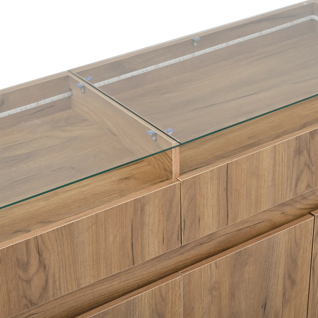 Credenza sideboard 140x40x70 cm in MDF con piano in vetro temperato, 2 cassetti, colore naturale
