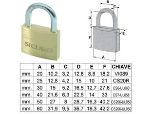 LUCCHETTO TIPO PESANTE OTTONE ARCO NORMALE- - mm.60 - 6 pezzi QUALITY