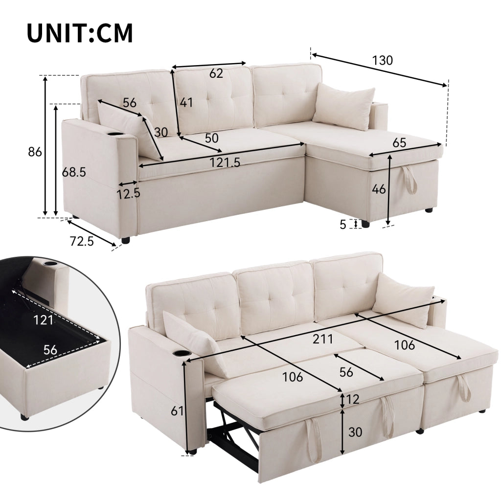Divano letto reversibile con contenitore e portabicchieri in cotone e lino beige