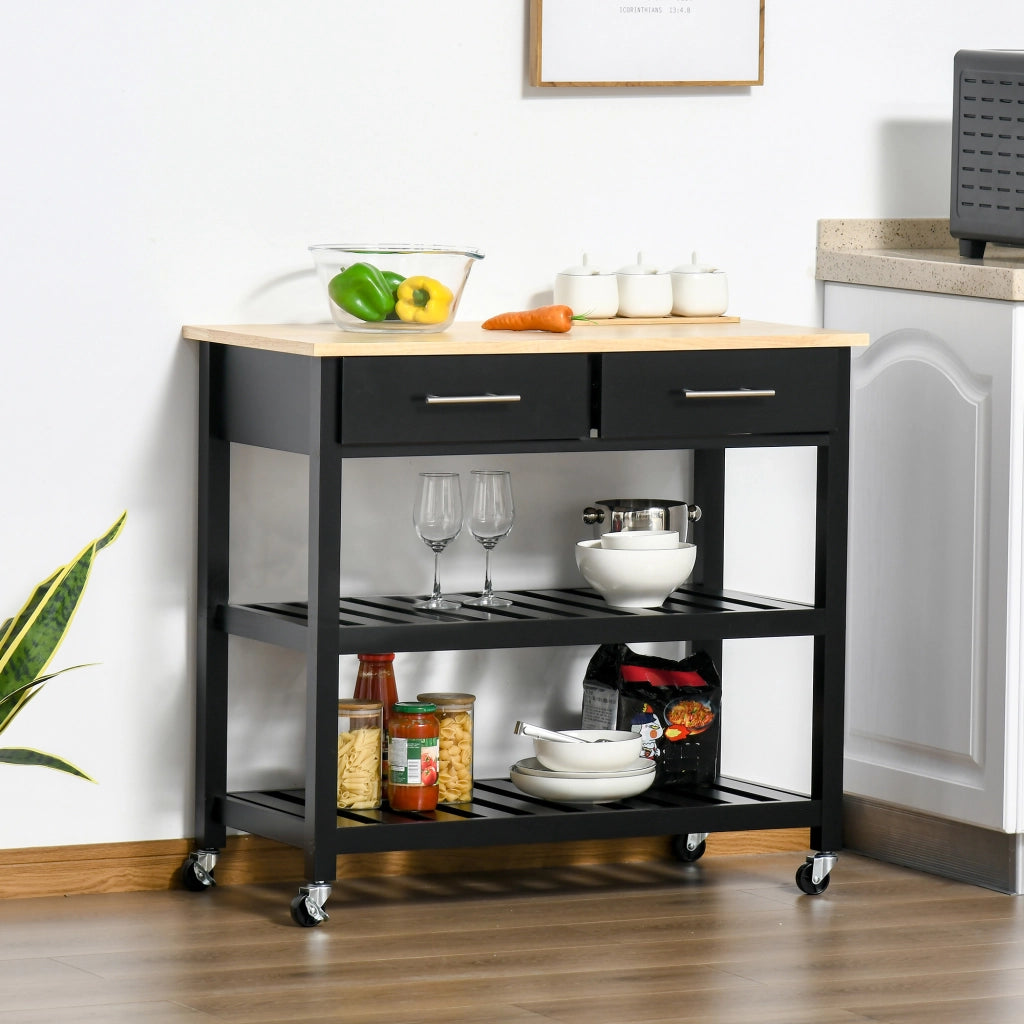 Carrello da cucina con ruote ¨C zephmum ¨C 2 ripiani, 2 cassetti, nero, legno naturale