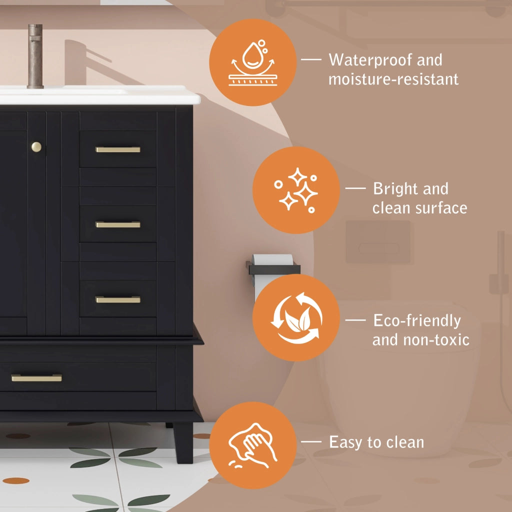 Mobile sottolavabo con lavabo in ceramica, 3 cassetti e 1 ripiano, nero, per bagno moderno, 76 × 45.5 × 83.5 cm