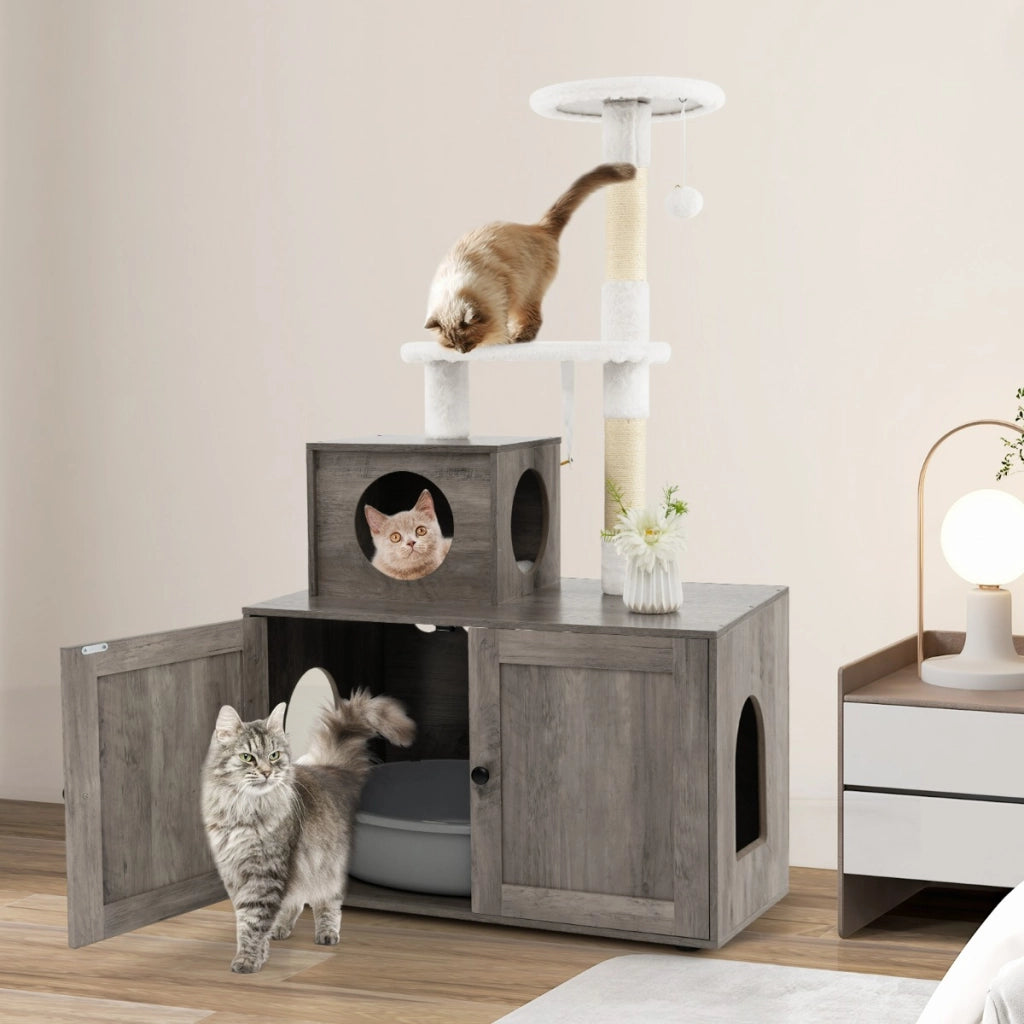 Casa per lettiera per gatti in legno con torre pallina tintinnante divisorio, Mobile per gatti da interno Grigio-Lettini e divanetti