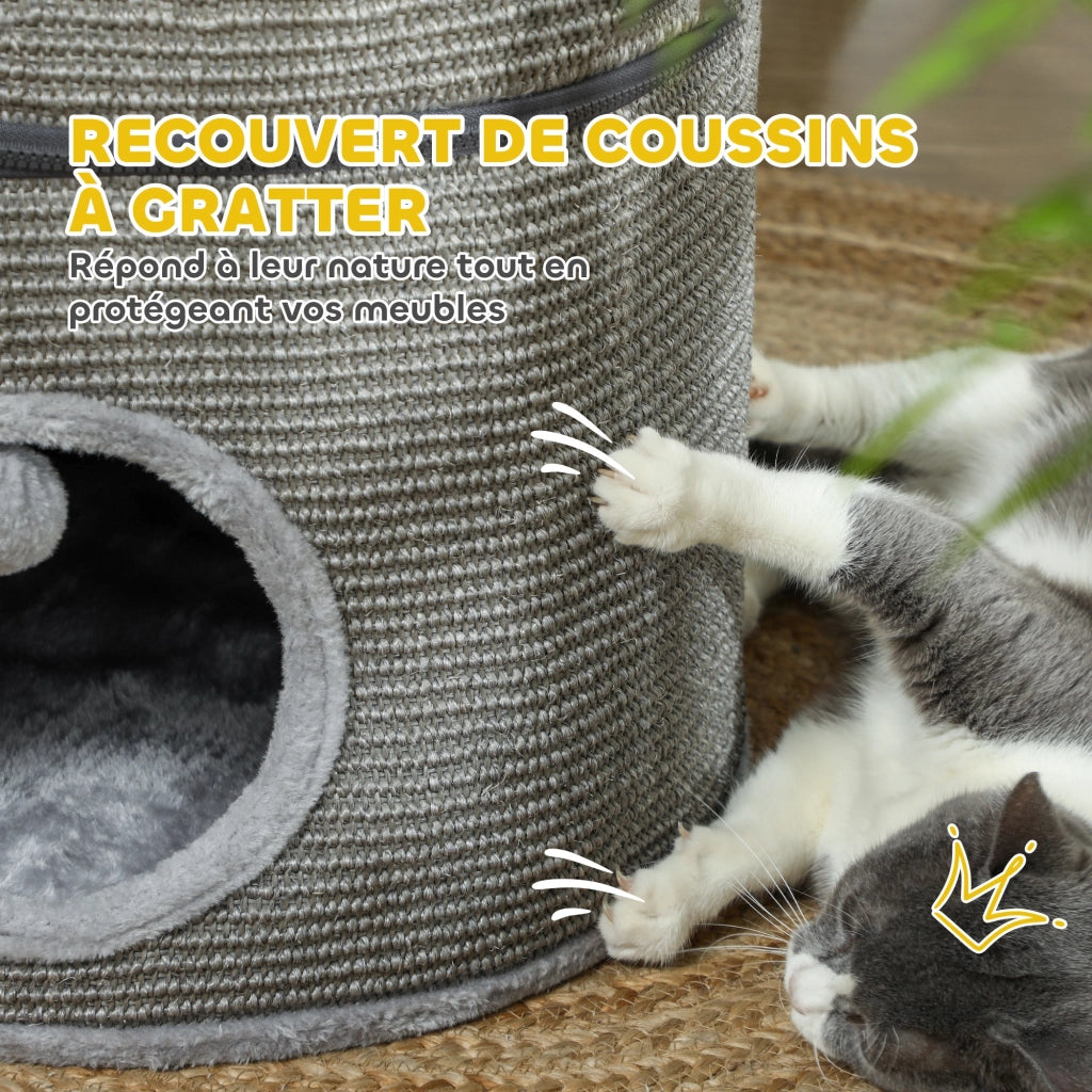 Torre per Gatti Modulare ¨C Xylo ¨C 3 Livelli con Tiragraffi ? 42 x 69H cm Grigio