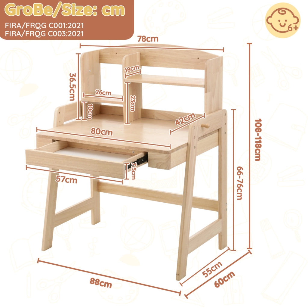 Scrivania per bambini 60x88.2x118 cm regolabile in altezza con cassetto e vano contenitore in legno naturale
