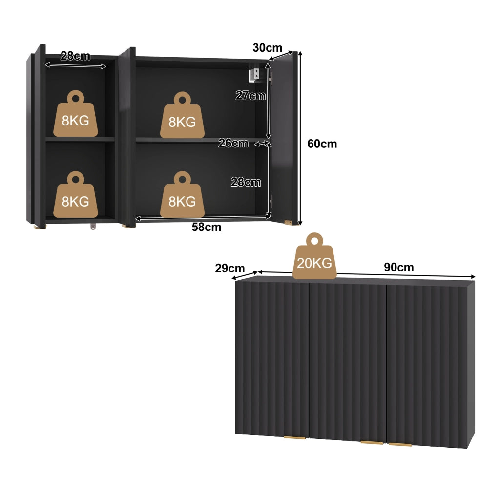 Pensile da parete con 3 ante in MDF nero 90x29x60 cm per cucina, bagno e lavanderia