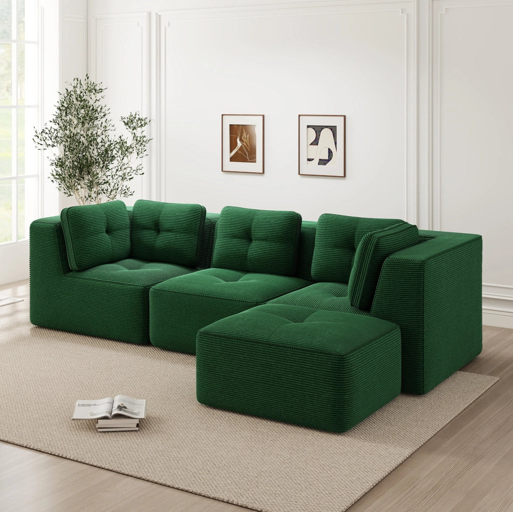 Divano angolare modulare in velluto a coste verde 297x177x69 cm; senza montaggio