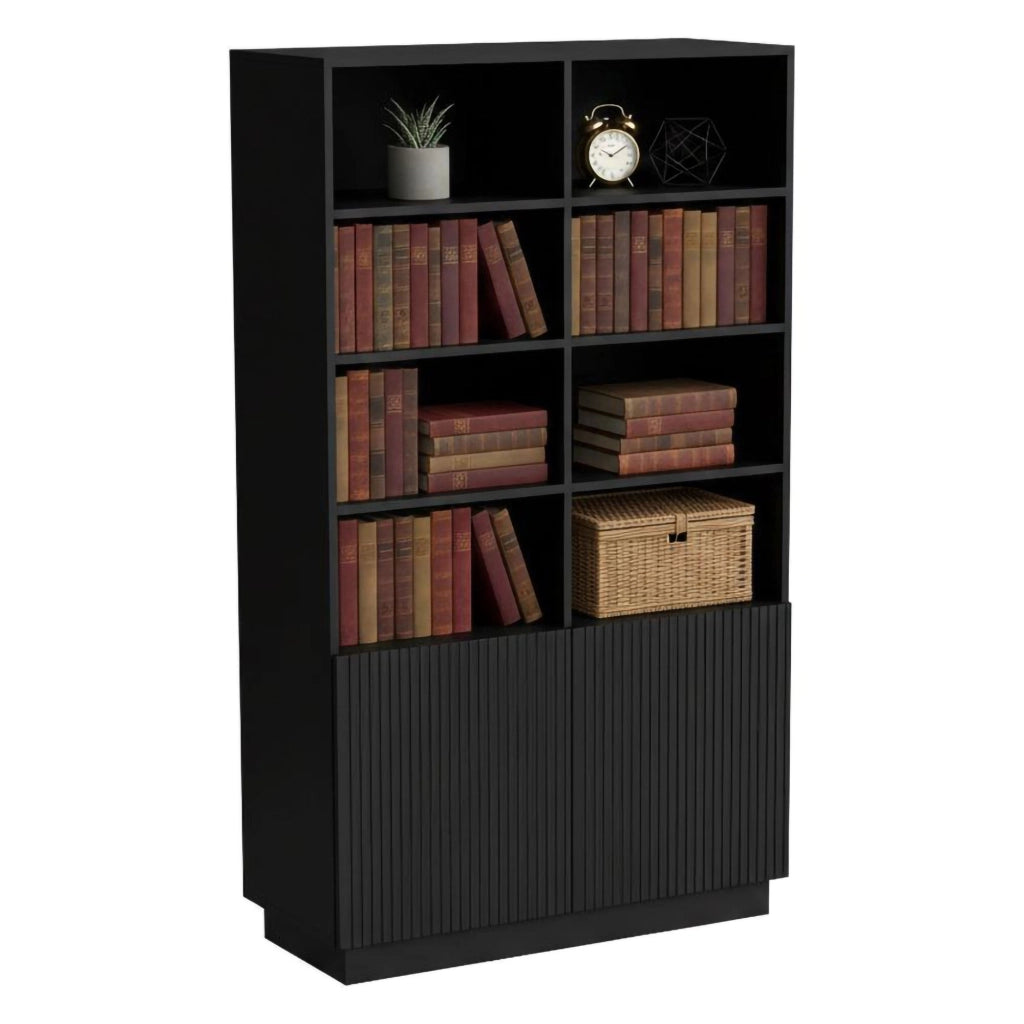 Libreria Miniato, Mobile portalibri con vani aperti e due ante, Design moderno e minimale, 172x40 h100 cm, Nero