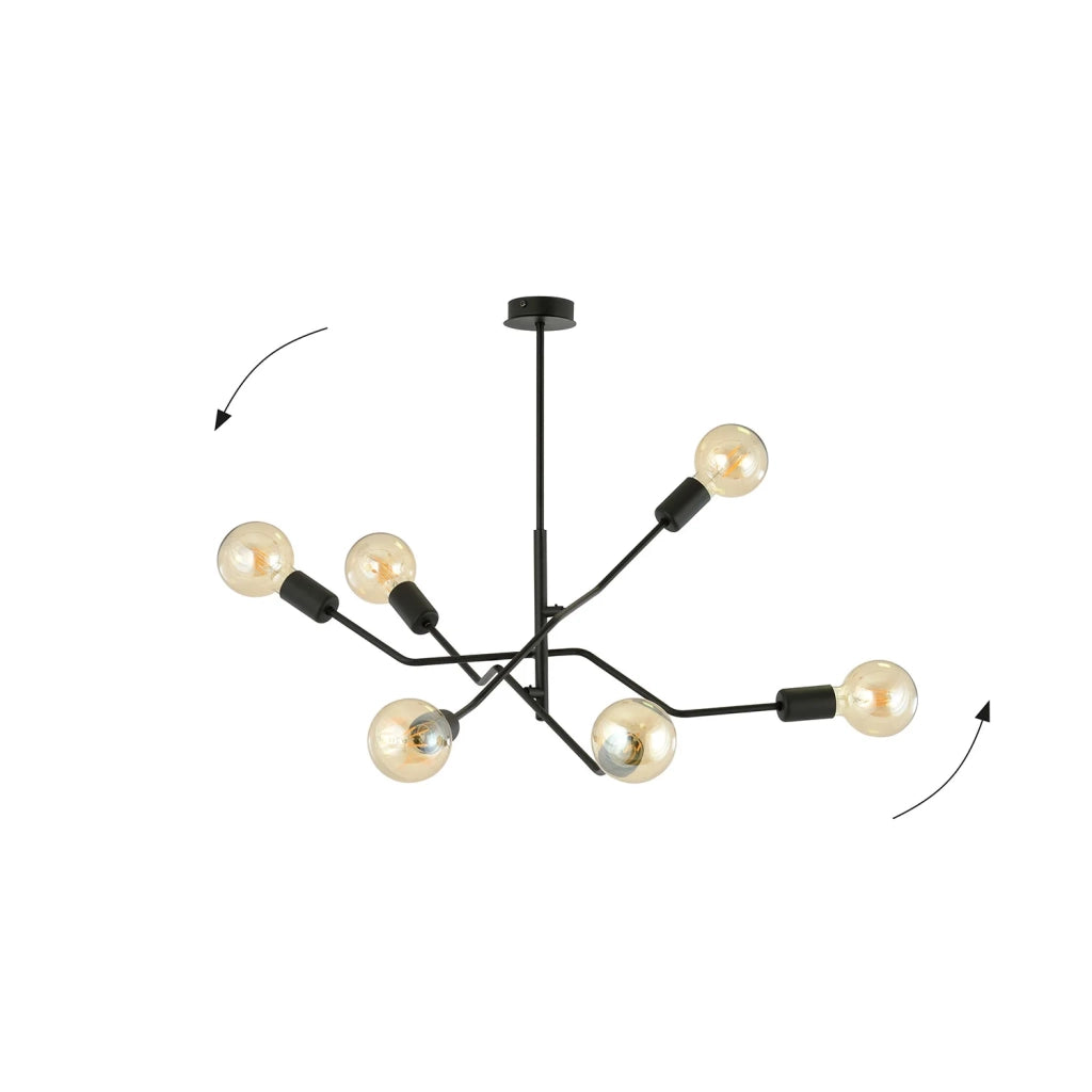 Sospensione Industrial 6 Luci Febe In Acciaio Nero E Bracci Regolabili