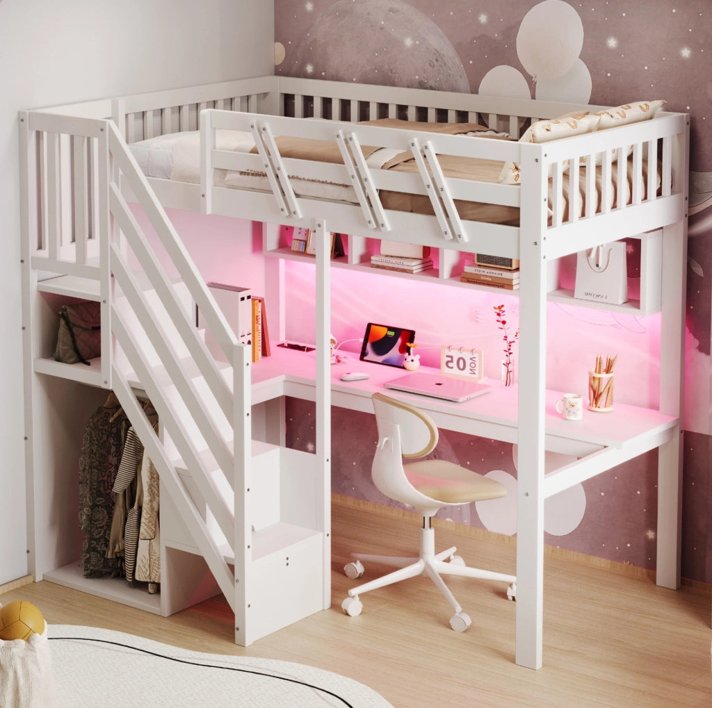 Letto a soppalco 90x200 cm con scrivania; scala contenitore e LED; bianco