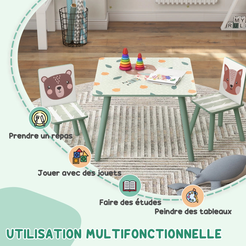Tavolo per bambini con sedie ¨C zephmum ¨C 3 pezzi verde motivo animali