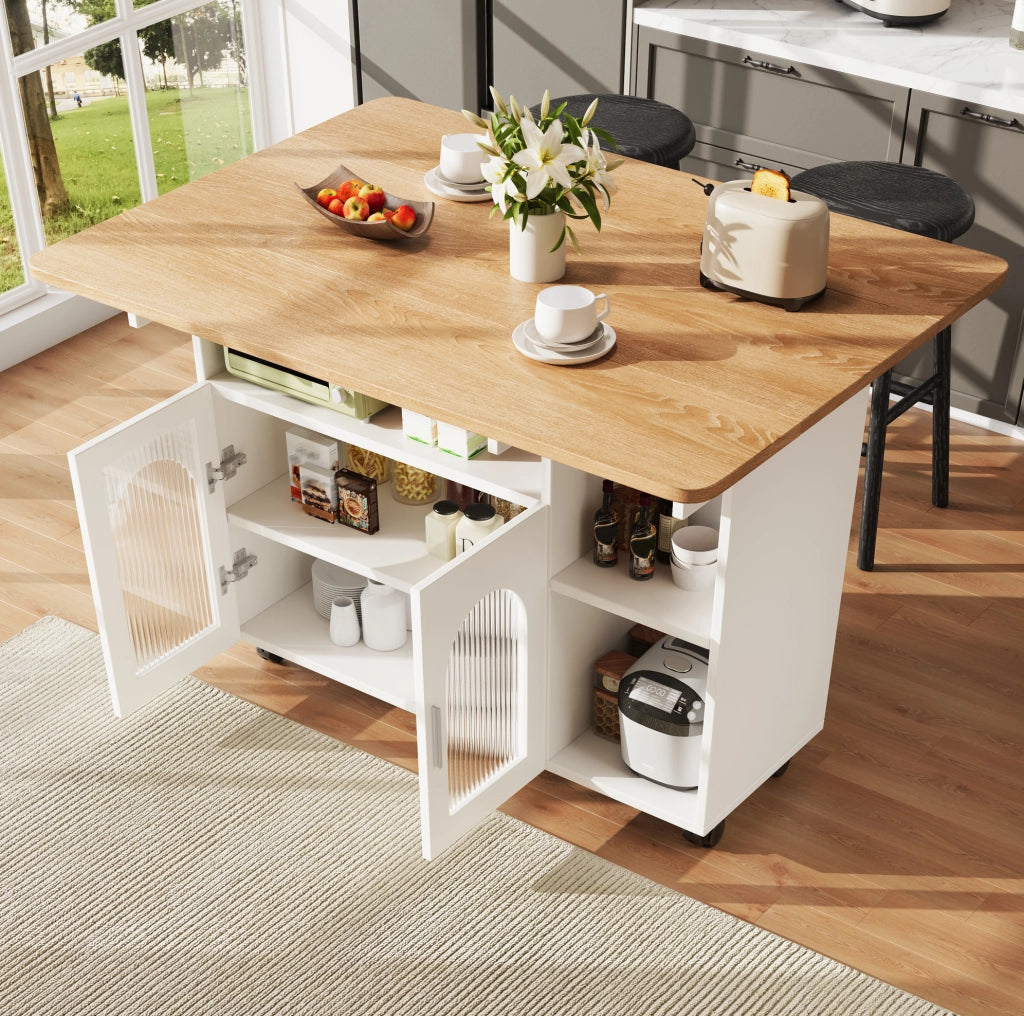 Isola da cucina pieghevole 120 cm con ruote e contenitore