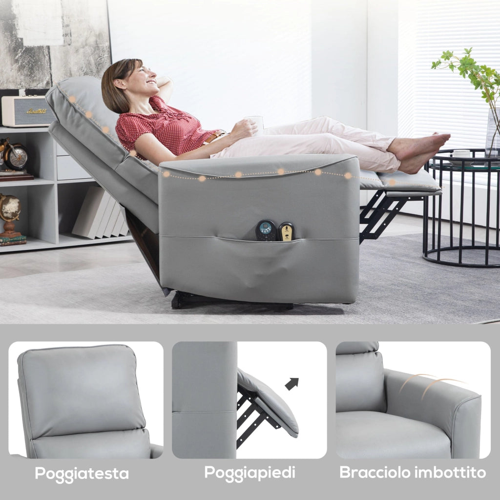 Poltrona Alzapersona Reclinabile 1 Motore con 8 Punti Massaggio 79x89x104 cm Riscaldamento e Telecomando Grigio Chiaro