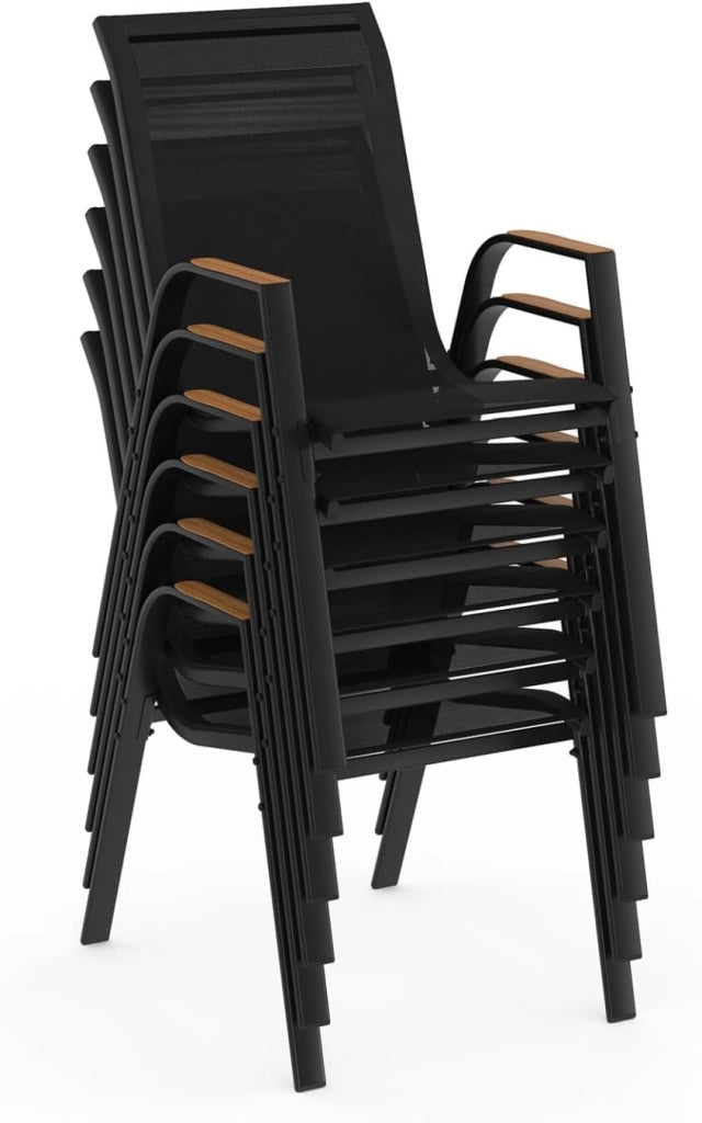 Set di mobili da Giardino NOUMEA - Tavolo da 150 cm con Piano in Vetro temperato Effetto Legno e 6 sedie impilabili in Legno e n