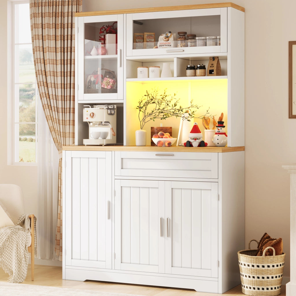 Vetrina da cucina alta con 5 ante e 1 cassetto con LED per cucina o soggiorno in MDF 104x40x180 cm Bianco