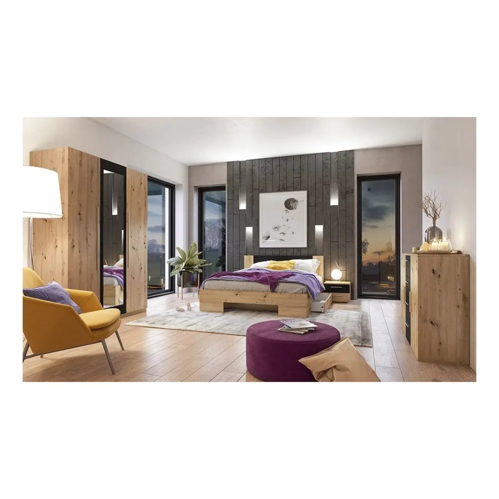 Credenza con 2 ante e 4 cassetti 130cm. Collezione IRINA in imitazione di rovere chiaro e nero.