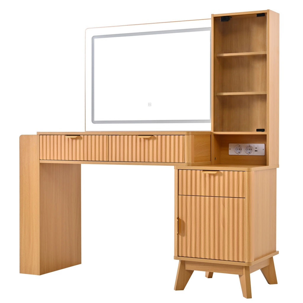 Toeletta con specchio LED, prese elettriche USB e USB-C, 3 cassetti e vani laterali, 133x136x40 cm, Natural