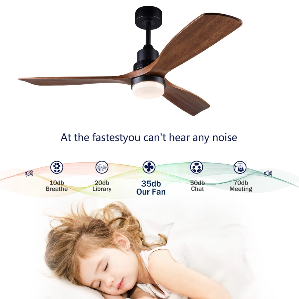 Ventilatore da soffitto con luce, telecomando, pale in legno massello, nero e noce scuro