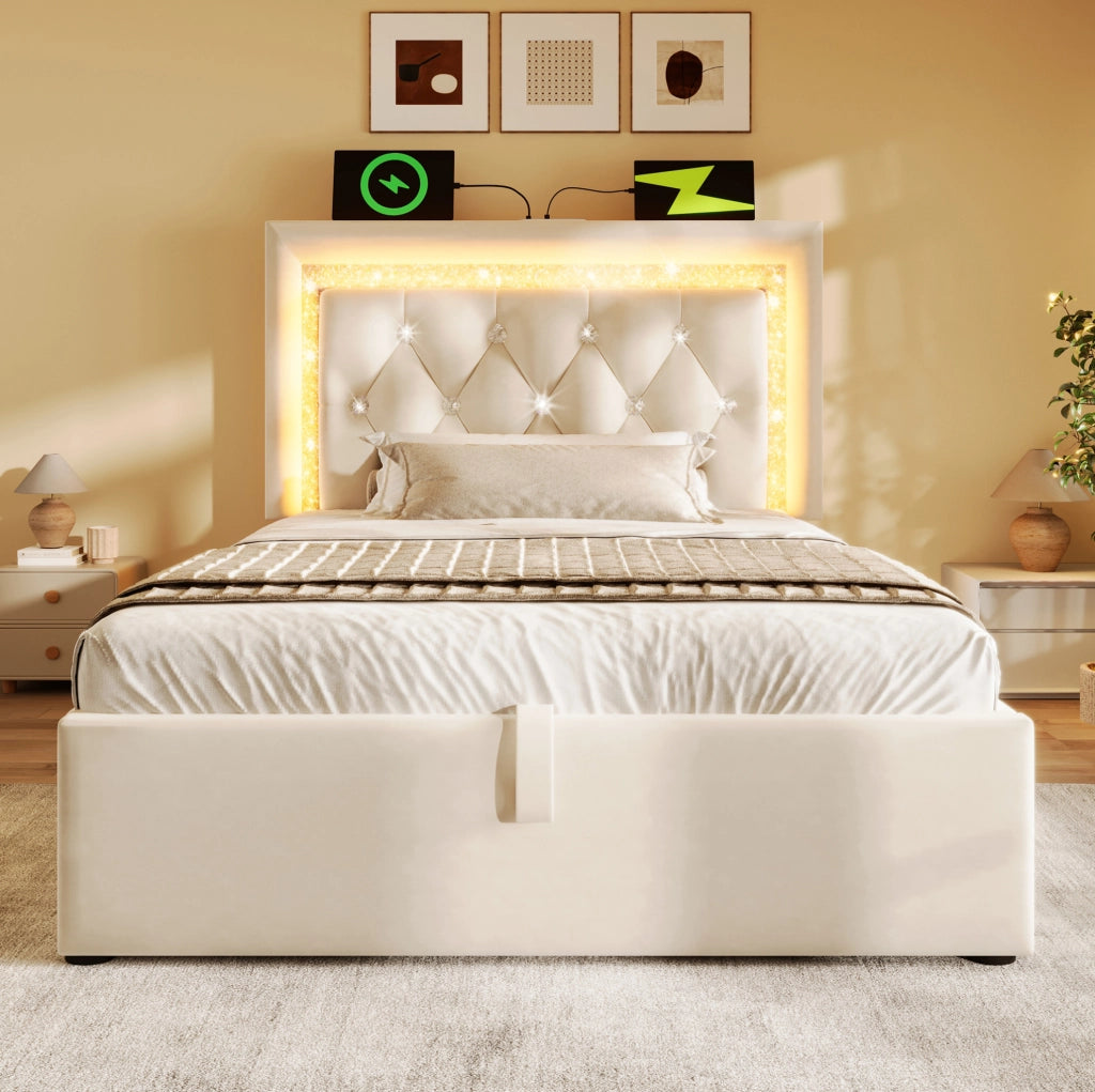 Letto singolo 90x200 cm in velluto beige con LED, USB-C e materasso