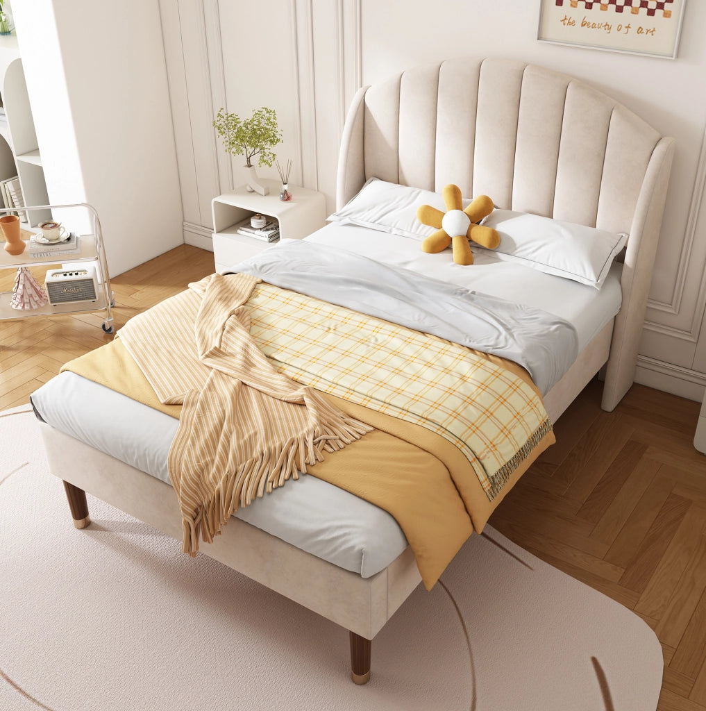 Letto imbottito singolo 90x200 cm con rete e testiera in velluto beige