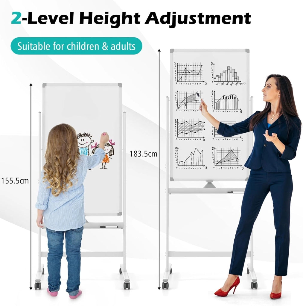 Lavagna bianca mobile double face, 60 x 100 cm, lavagna magnetica su gambe regolabile in 2 altezza, cancellabile a secco, pennarelli neri, cancellatore, magneti (bianco, 60 x 100 cm)