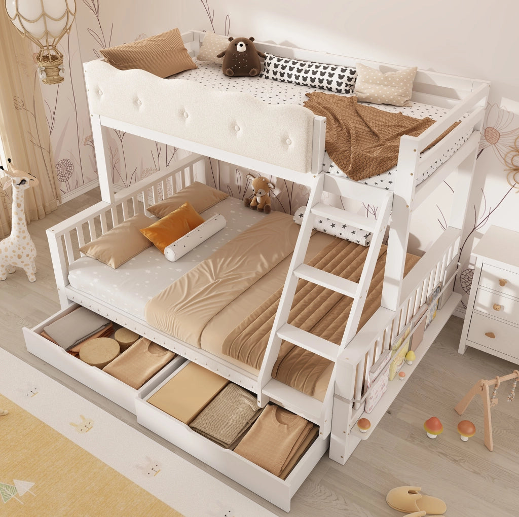 Letto a castello 90x200/140x200 cm con cassetti e portariviste bianco HAVRYA