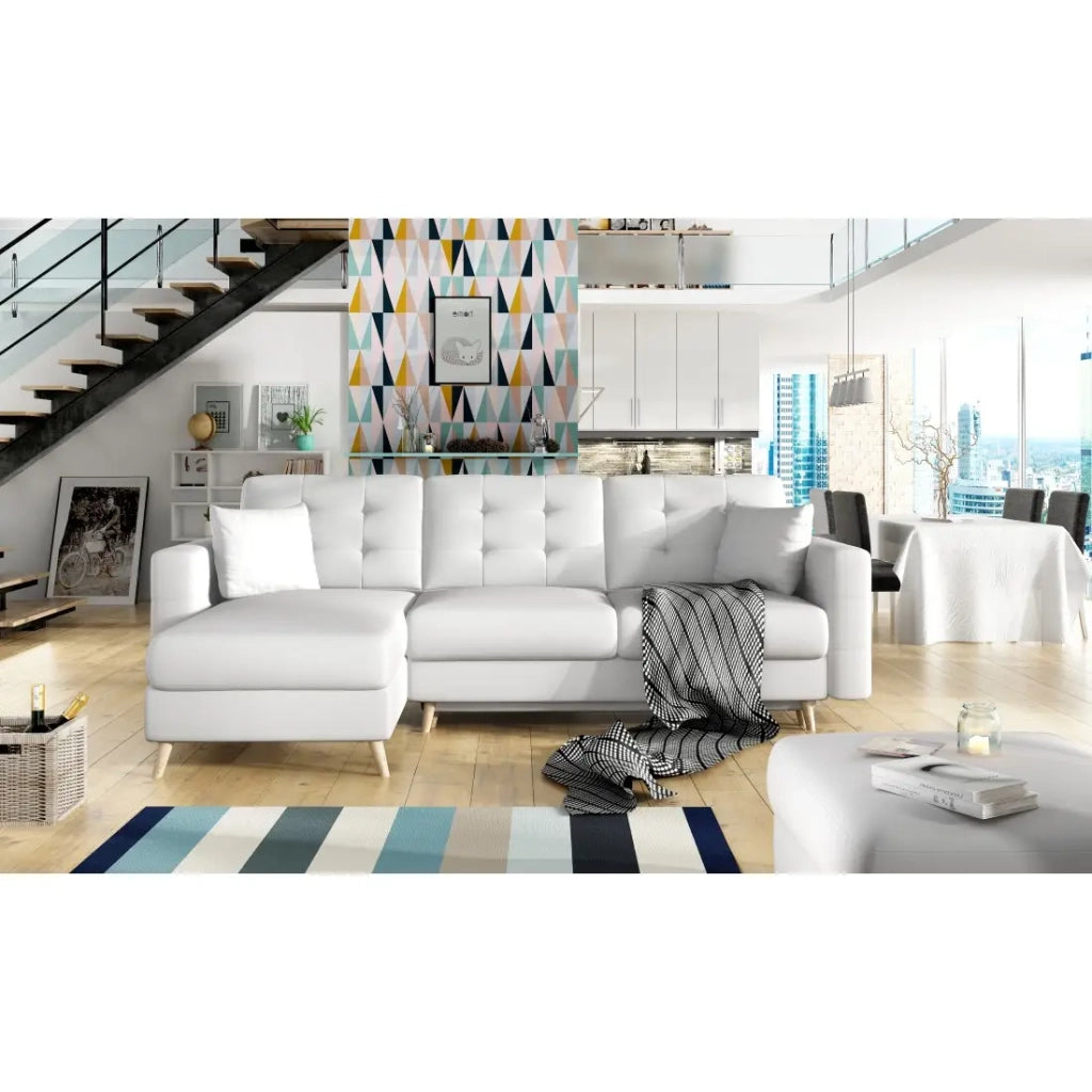 Divano angolare trasformabile HASGARD 3 posti bianco 248x162 cm - con vano contenitore e piedi in legno