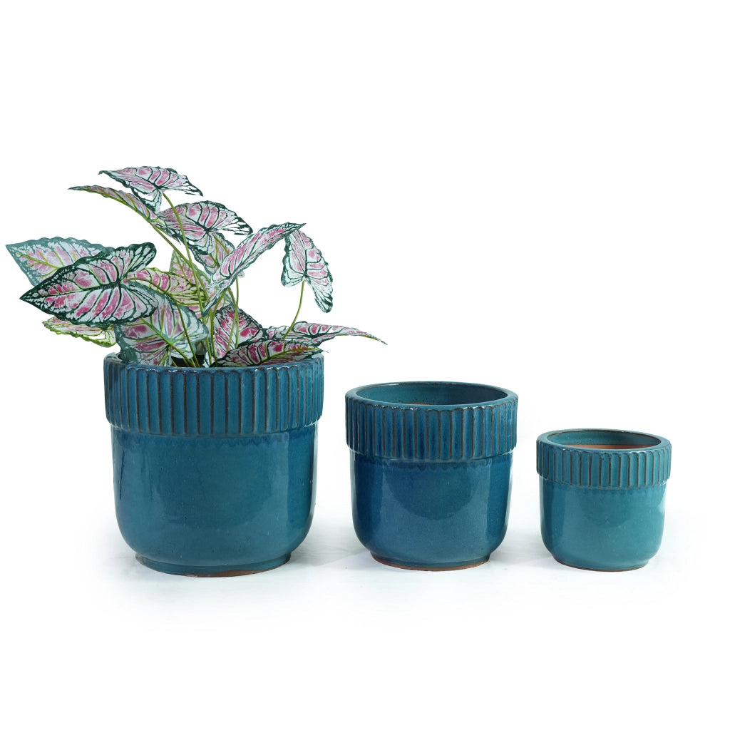 Fioriera in ceramica artigianale smaltata turchese lucido con scanalature verticali per interni e esterni 38 cm