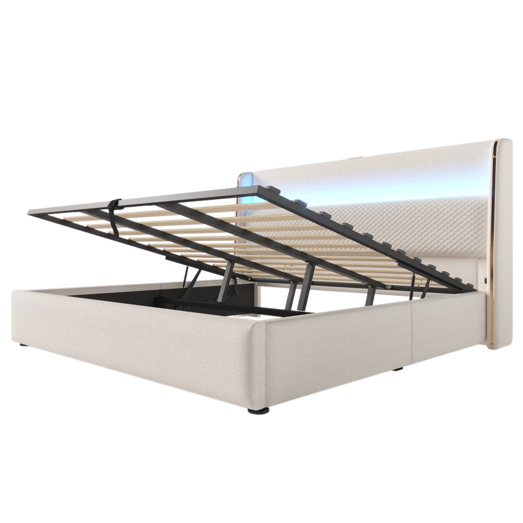 Letto matrimoniale idraulico 180x200 cm con testiera alta, LED, USB e Type-C, beige