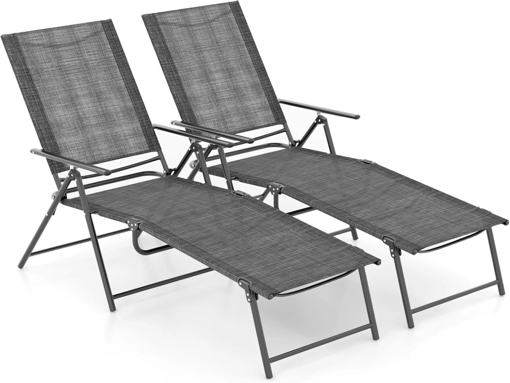 Set di 2 Lettini Prendisole da Giardino, Sdraio Pieghevoli con Schienale e Poggiapiedi Regolabili, in Tessuto Textilene con Braccioli, per Terrazza e Piscina, Portata 150 kg (Nero)