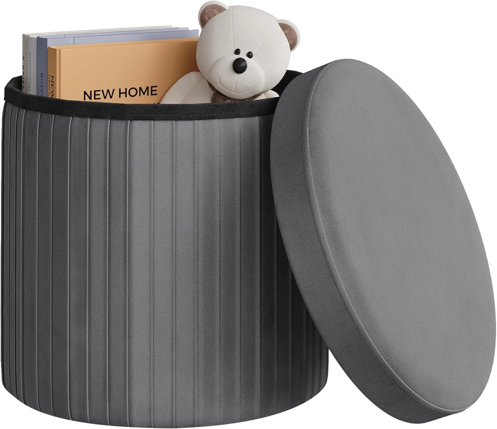 Pouf Sgabello con Contenitore Rotondo, Poggiapiedi per Divano, Pouf Basso Pieghevole, per Soggiorno, Camera da Letto, in Velluto, φ38xH36cm, Grigio Scuro