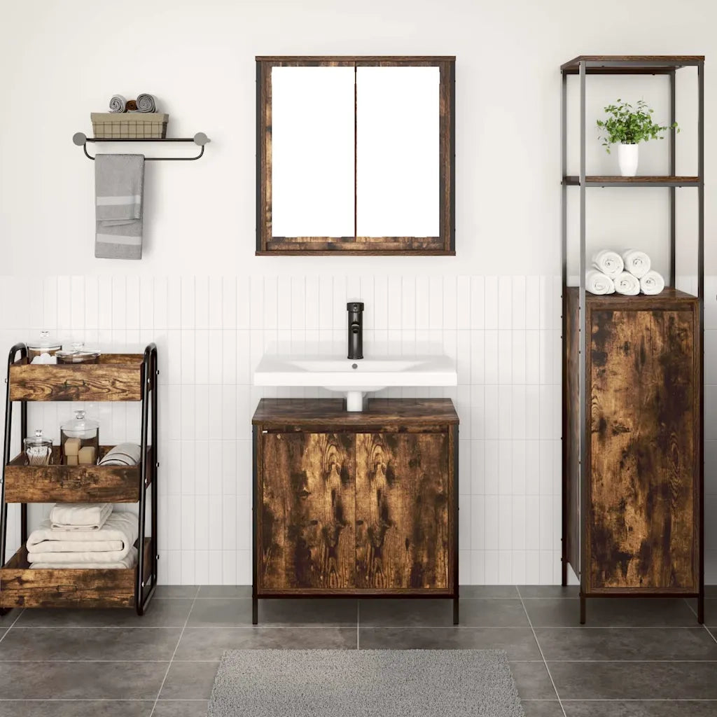 Set Mobili da Bagno | Armadio da bagno 2 pz Rovere Fumo in Legno Multistrato