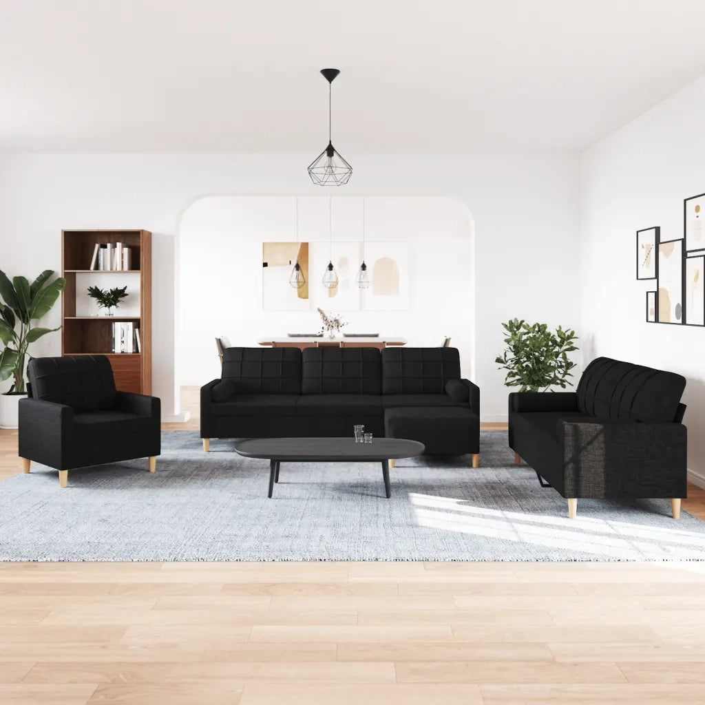 vidaXL Set Divani 4 pz con Poggiapiedi e Cuscini Nero in Tessuto