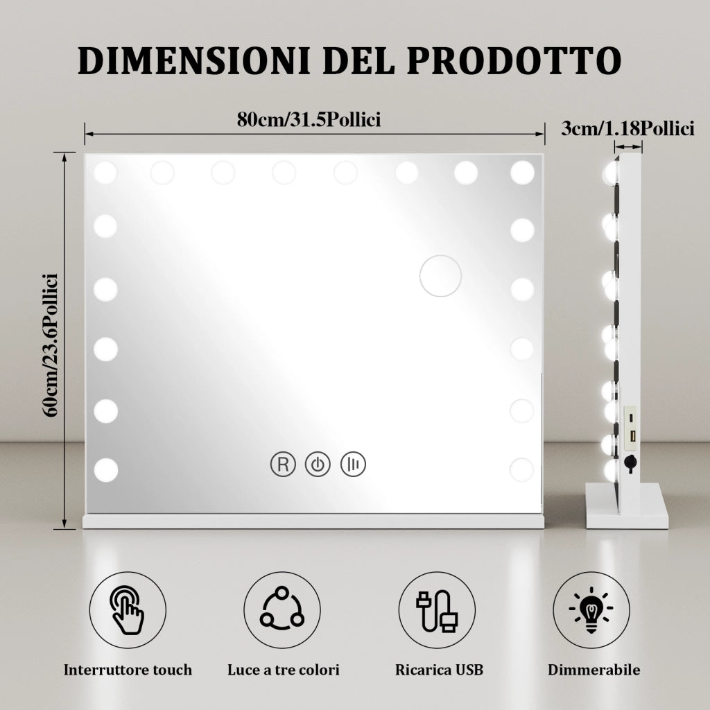 Specchio per il trucco con luce ,18 lampadine LED,3 modalit¨¤ di luce, intensit¨¤ regolabile,controllo touch,porta USB/tipo C,60*80*3cm