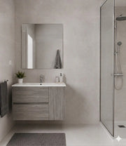 Mobile Bagno HEIMDALL Già Montato 2 cassetti e porta, lavabo e specchio Rovere affumicato 90x40 cm