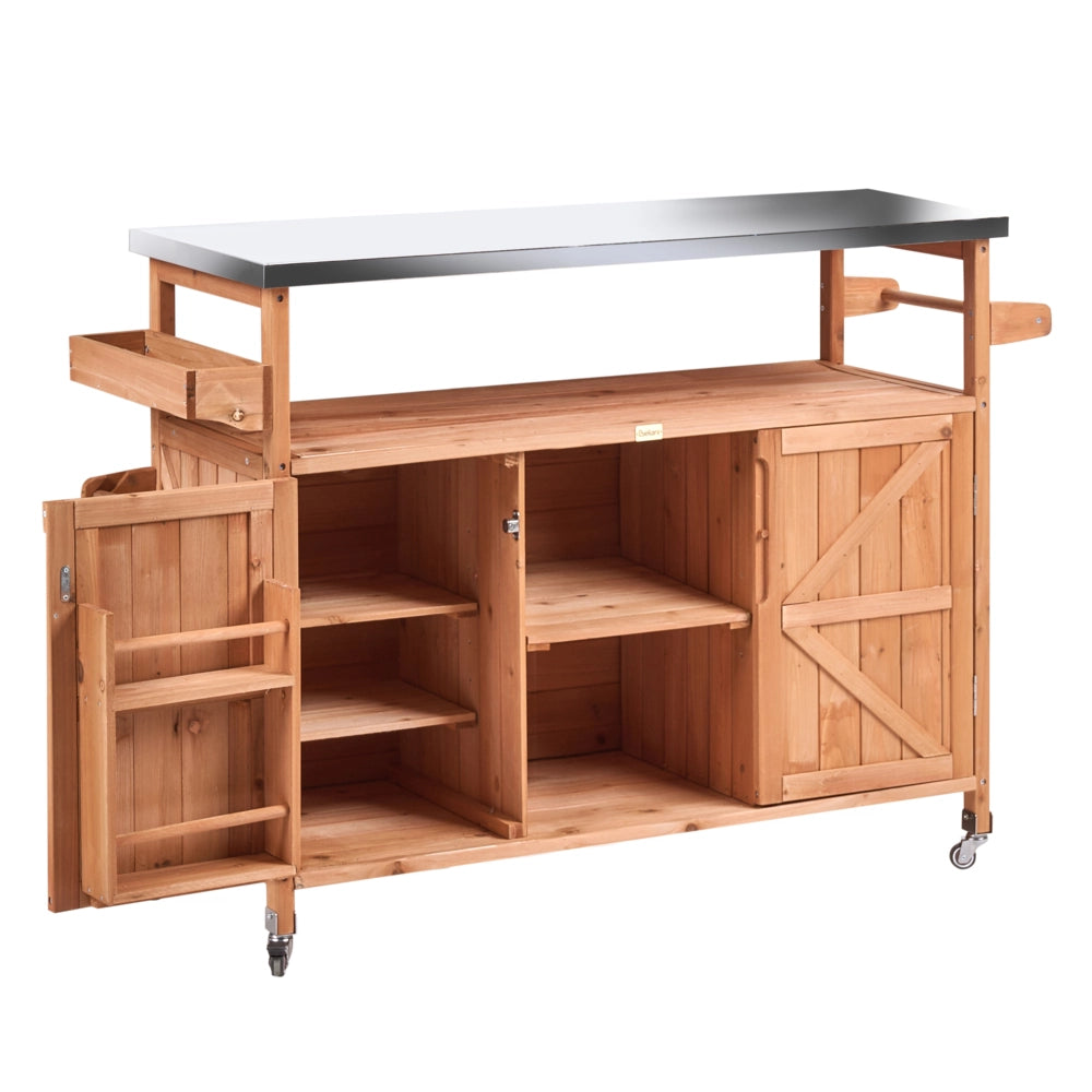 Cucina da esterno a isola in legno di abete marrone 2 ante, ripiani aperti, piano in acciaio 128 x 47 x 85 cm Cucina da giardino con ruote