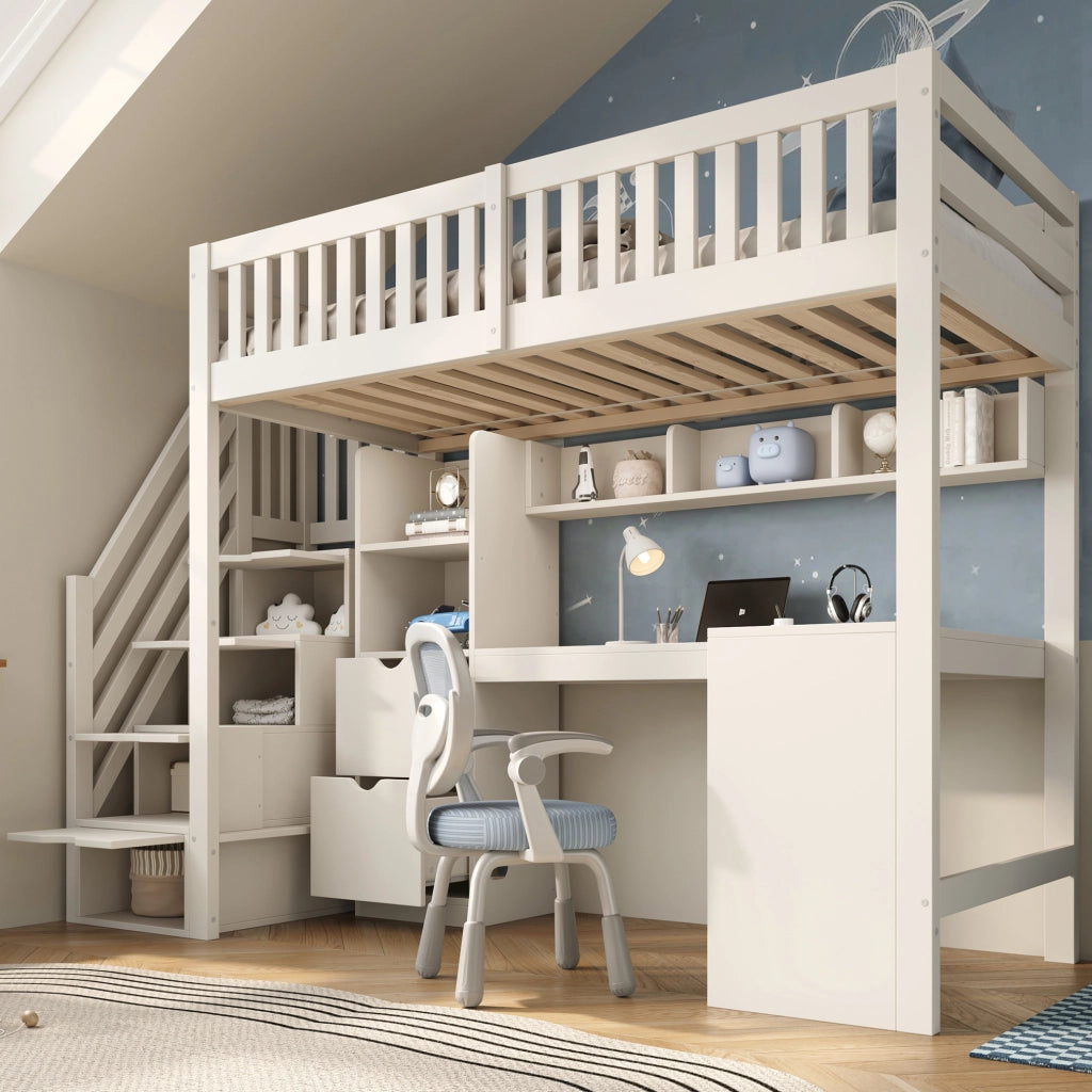 Letto a soppalco 90x200 cm con scrivania ad angolo e armadio a scala bianco