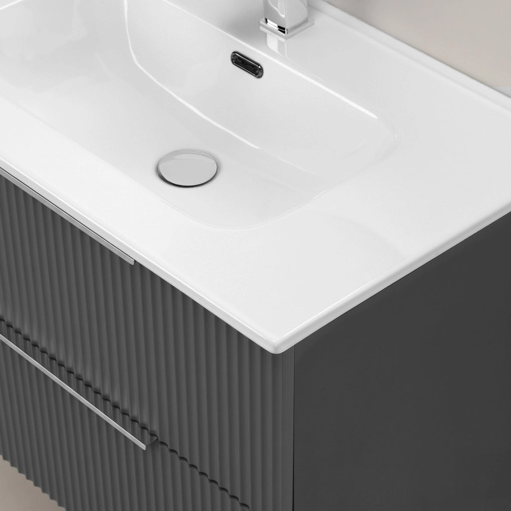 Mobile bagno sospeso 80 cm grigio cannettato con lavabo e specchio tondo Zena