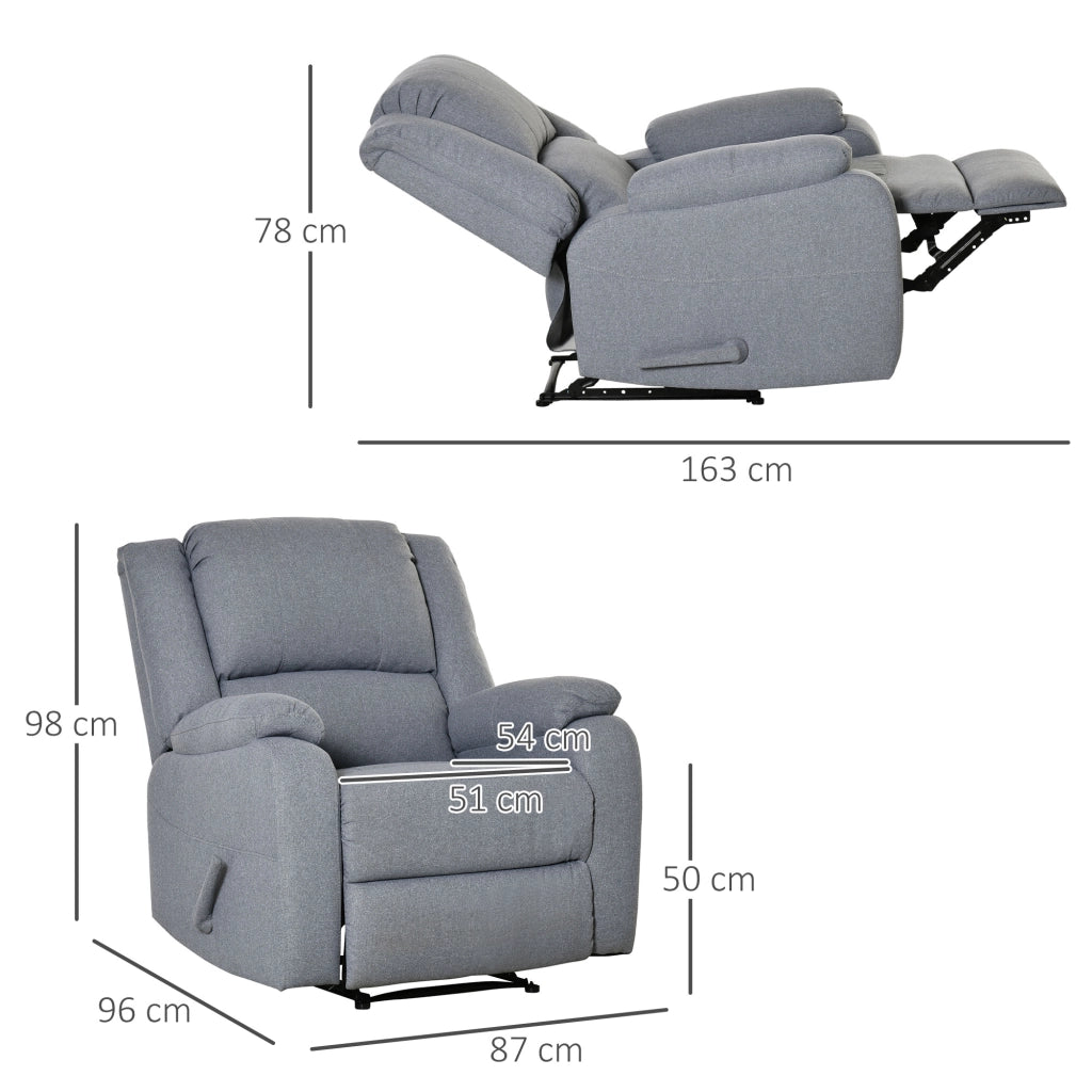 Poltrona relax reclinabile con poggiapiedi e tasca laterale, grigio chiaro, in poliestere, struttura in acciaio, 87 x 96 x 98 cm