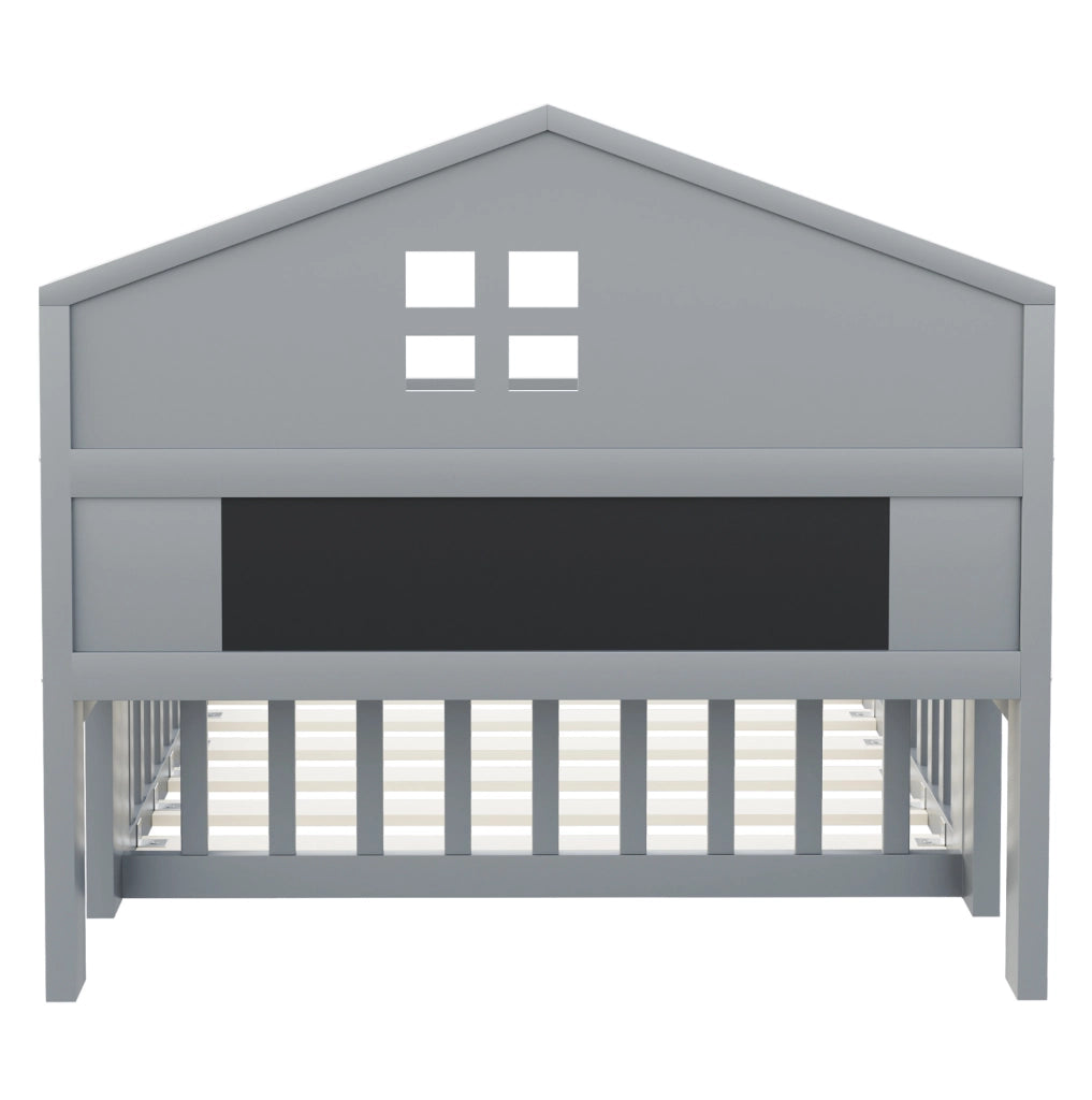 Letto a pavimento per bambini 90x200 cm grigio con lavagna, ripiani e barriera