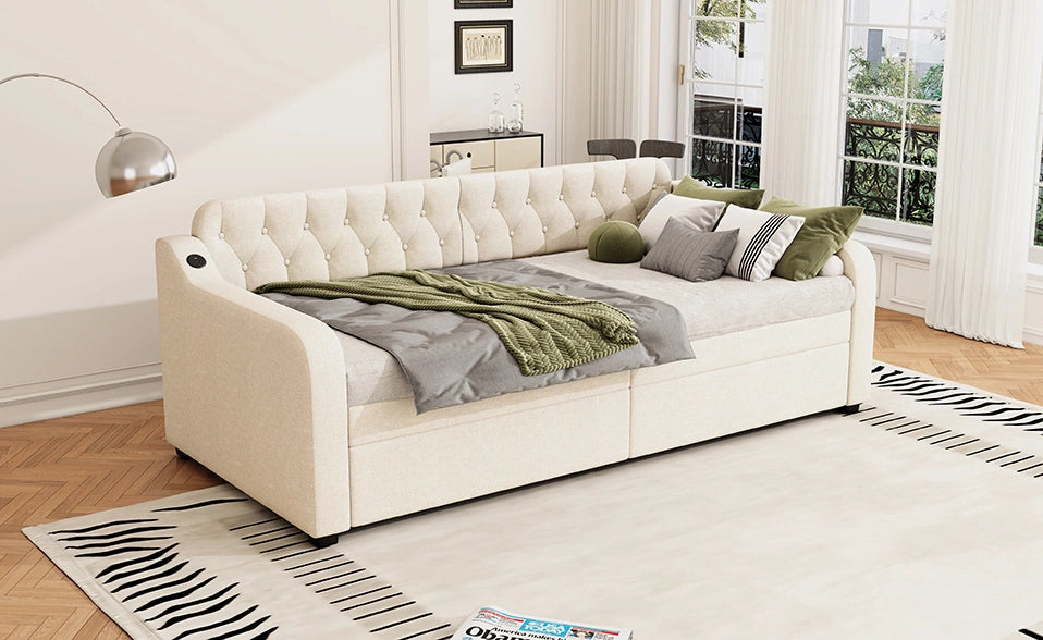 Divanoletto 90x200 cm con letto estraibile e presa USB, tessuto beige