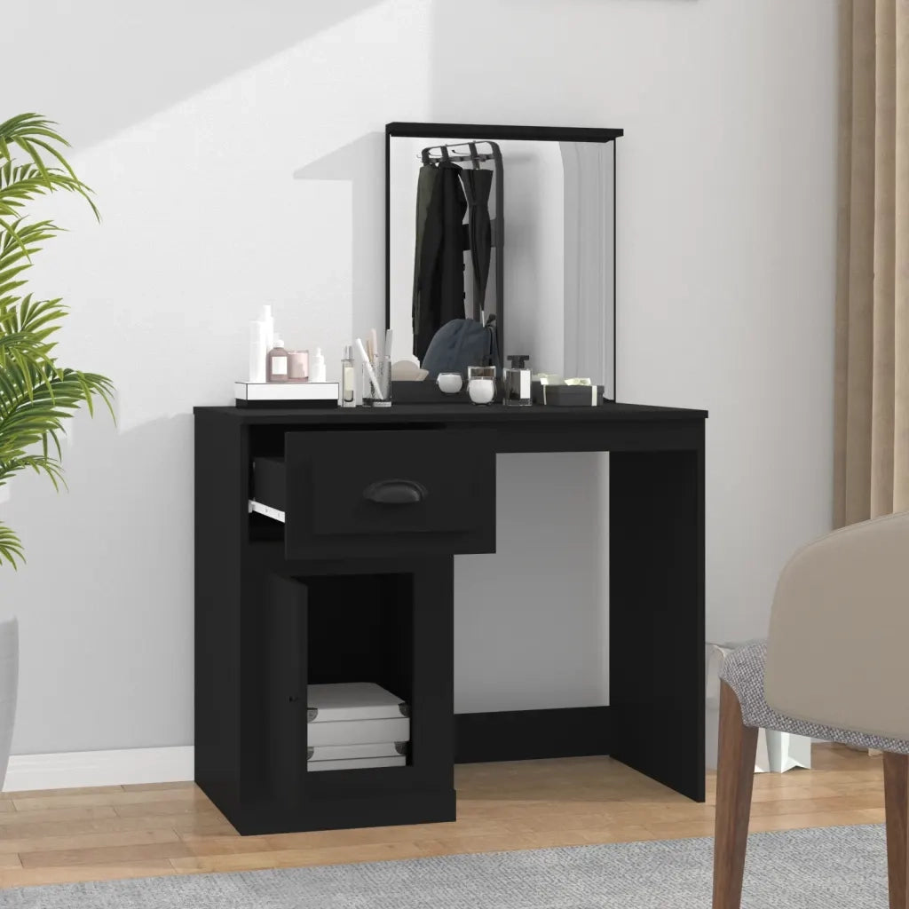 Toeletta con Specchio-Tavolo da Vanit¨¤ Nera 90x50x132,5 cm Legno Multistrato