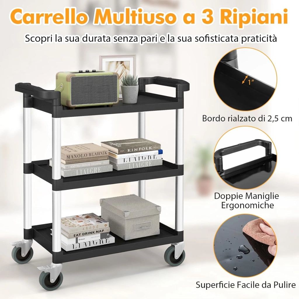 Carrello Portautensili Attrezzi a 3 Livelli, Carrello di Servizio da Officino con Rutoe Bloccabili, Doppie Maniglie e Struttura Robusta in Alluminio, Portata 225kg, per Magazzino e Cucina