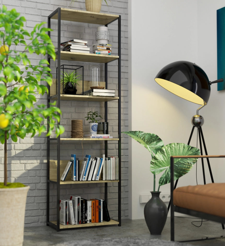 Scaffale stilo loft con ripiani in legno Nera 60 cm inserto frontale Quercia Artisan 60x32x192 cm