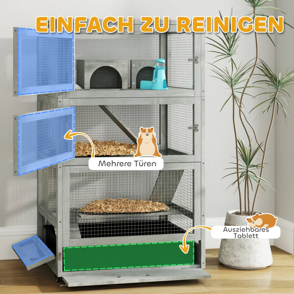 Scaffale per piccoli animali a quattro livelli con porte multiple, due casette, due altalene, rampe e ruote in legno grigio 65 × 45 × 109 cm