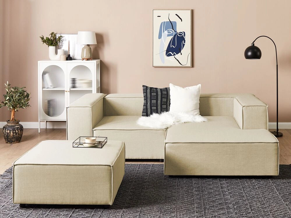Divano ad angolo 2 posti in lino beige nero con poggiapiedi sinistro modulare stile moderno contemporaneo
