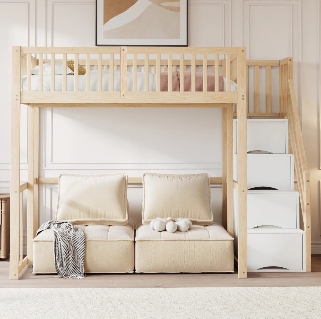 Letto a soppalco 140x200 cm in legno con scala contenitore e protezione