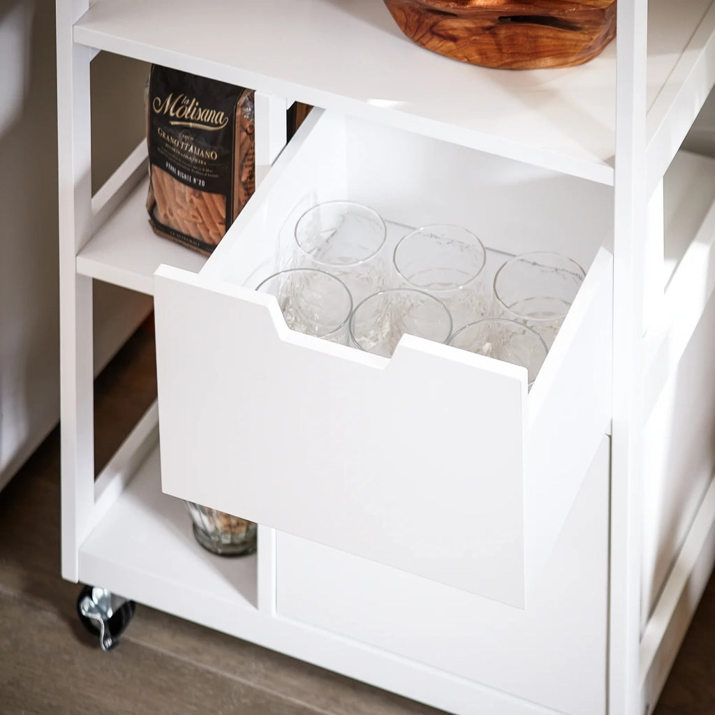 Carrello da cucina con 2 cassetti e 3 ripiani, Carrello da servizio, Carrelli portaoggetti, Bianco-Naturale 53x37x89cm FKW111-WN